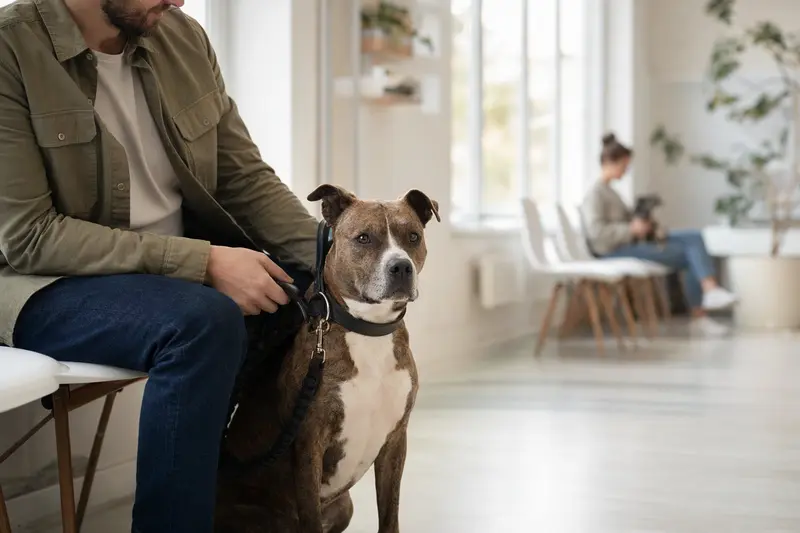 Ein Pit Bull Terrier sitzt ruhig neben seinem Besitzer im hellen Wartezimmer einer modernen Tierarztpraxis.